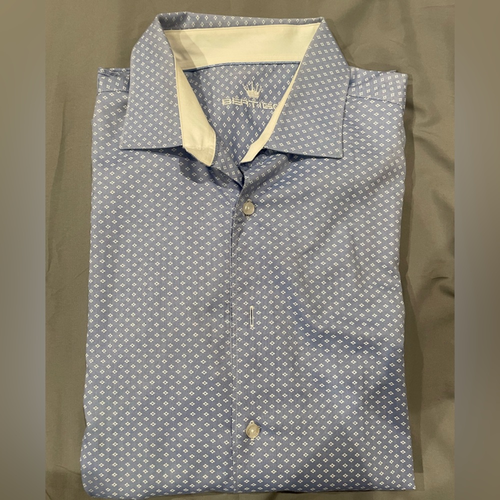 Blue and White Dress Shirt with Pointed Collar